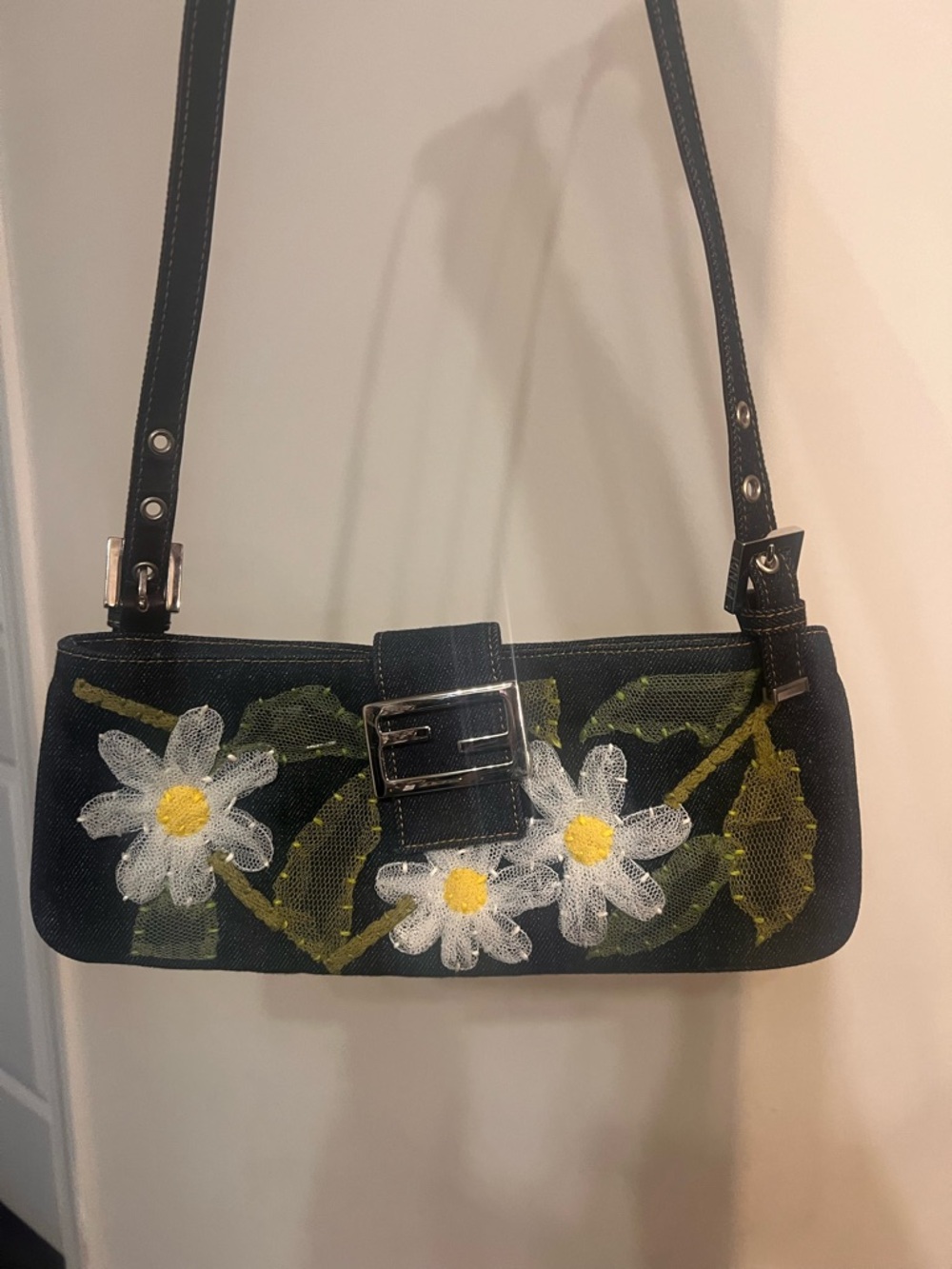 Fendi Black Denim Crossbody with Hand-Painted White Daisy Motif